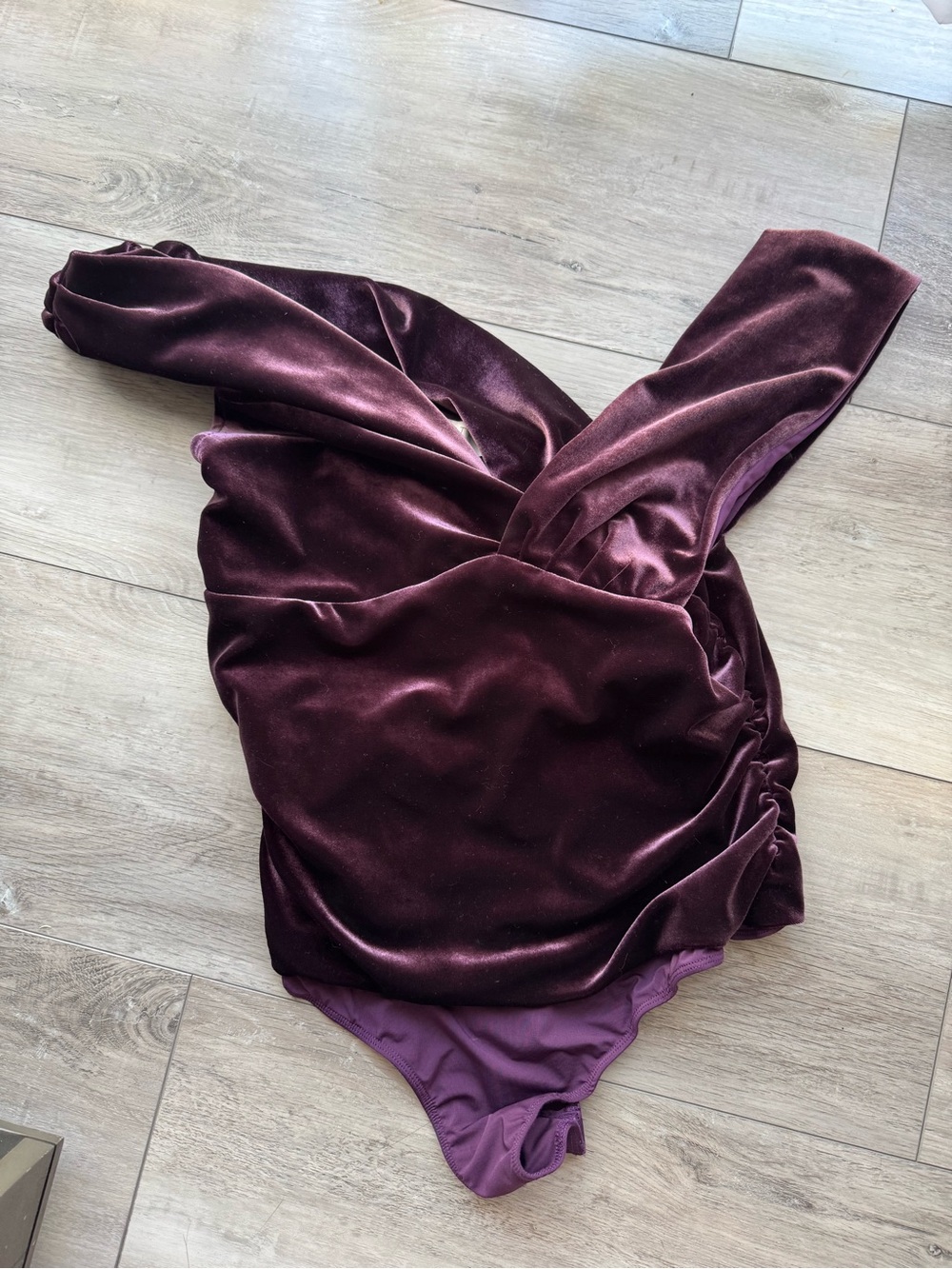 Velvet Asymmetrical Shoulder Women’s Bodysuit in Deep Plum from Anthropologie